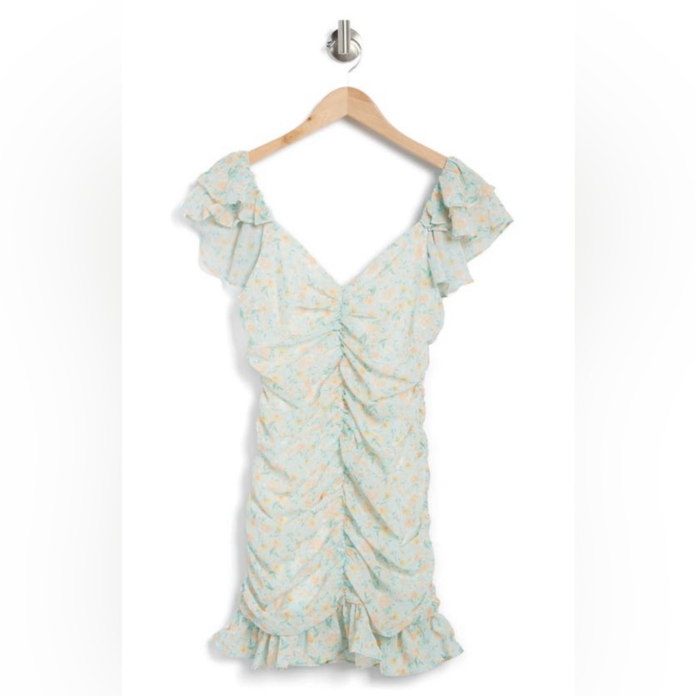ELODIE Shirred Floral Print Mini Dress